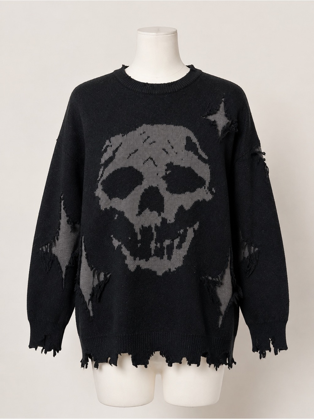 Distressed Skull Sweater XXL Black Gray Goth Grunge Punk